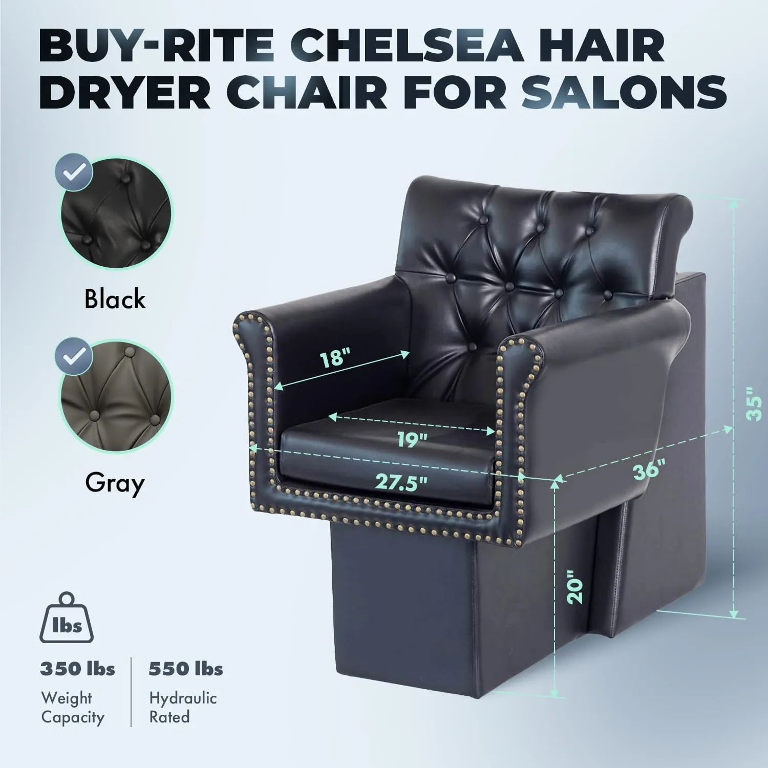 Buy-Rite Chelsea Hair Dryer Chair – Black Tufted Salon Chair with Brass Nailhead Trim, Wide Soft Foam Seat Cushion, Removable Cushion, Stylish Comfort for Salon Professionals – NIN-9902DC-BLK