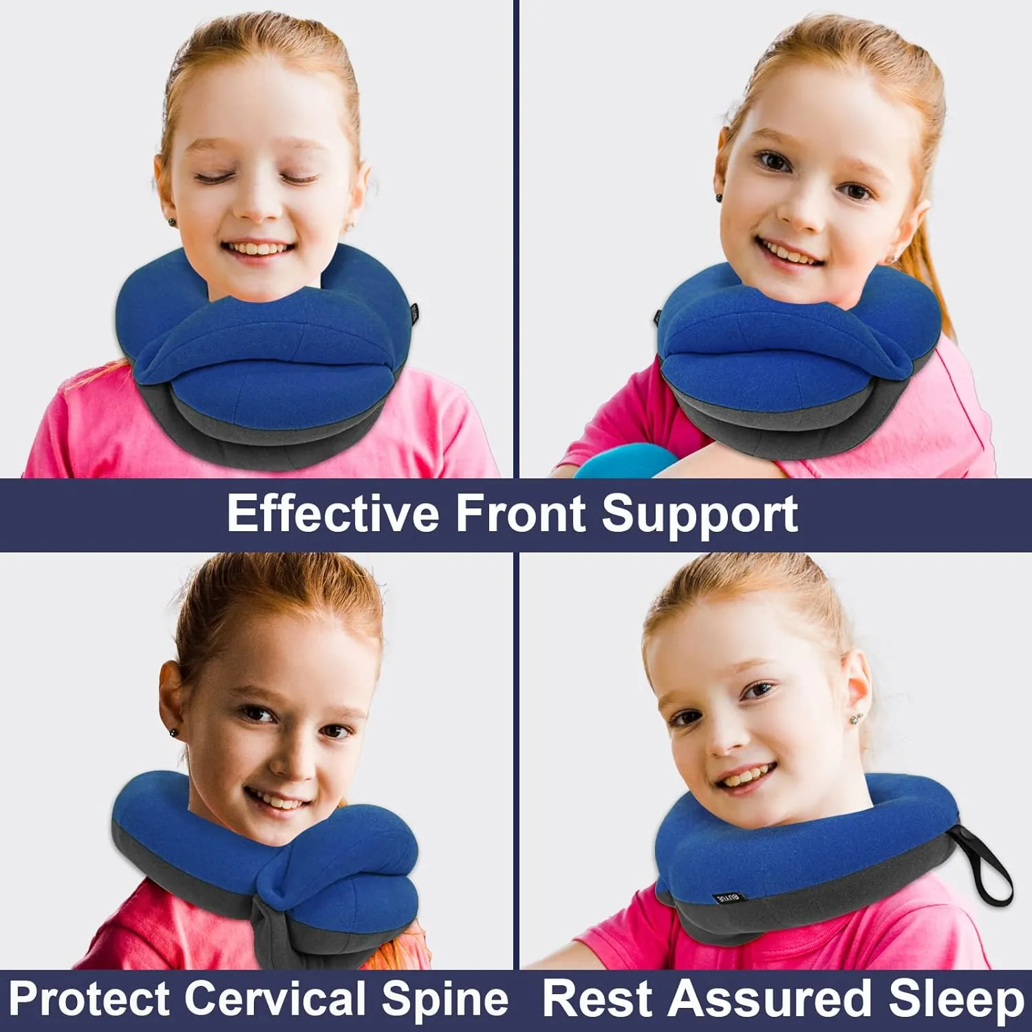 BUYUE Kids Travel Pillows for Airplane, 360° Head Support Sleeping Essentials for Boys Long Flight, Skin-Friendly Soft Neck Pillow for Traveling in Car Seat, (Small, Blue Grey, 40-90 lbs)