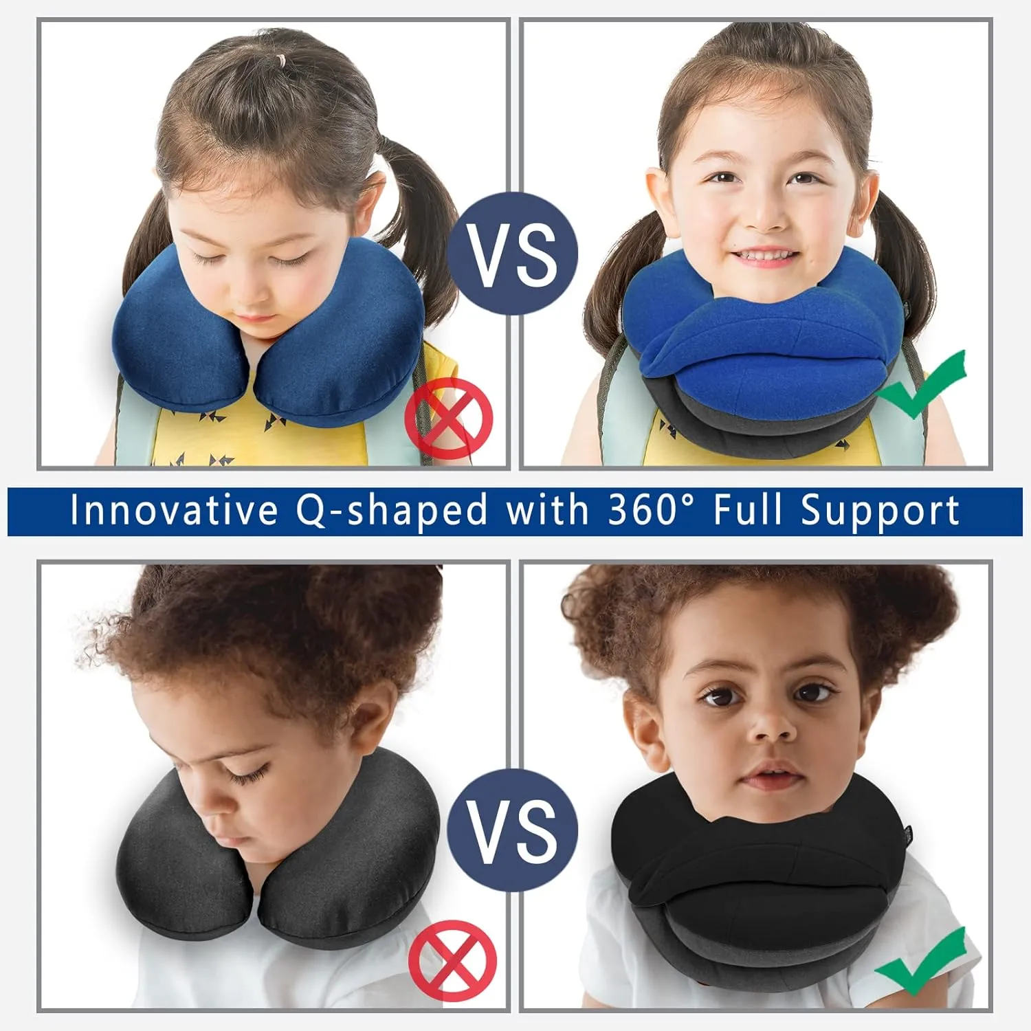 BUYUE Kids Travel Pillows for Airplane, 360° Head Support Sleeping Essentials for Boys Long Flight, Skin-Friendly Soft Neck Pillow for Traveling in Car Seat, (Small, Blue Grey, 40-90 lbs)
