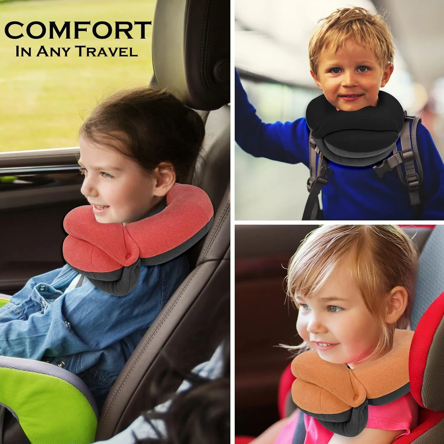 BUYUE Kids Travel Pillows for Airplane, 360° Head Support Sleeping Essentials for Boys Long Flight, Skin-Friendly Soft Neck Pillow for Traveling in Car Seat, (Small, Blue Grey, 40-90 lbs)