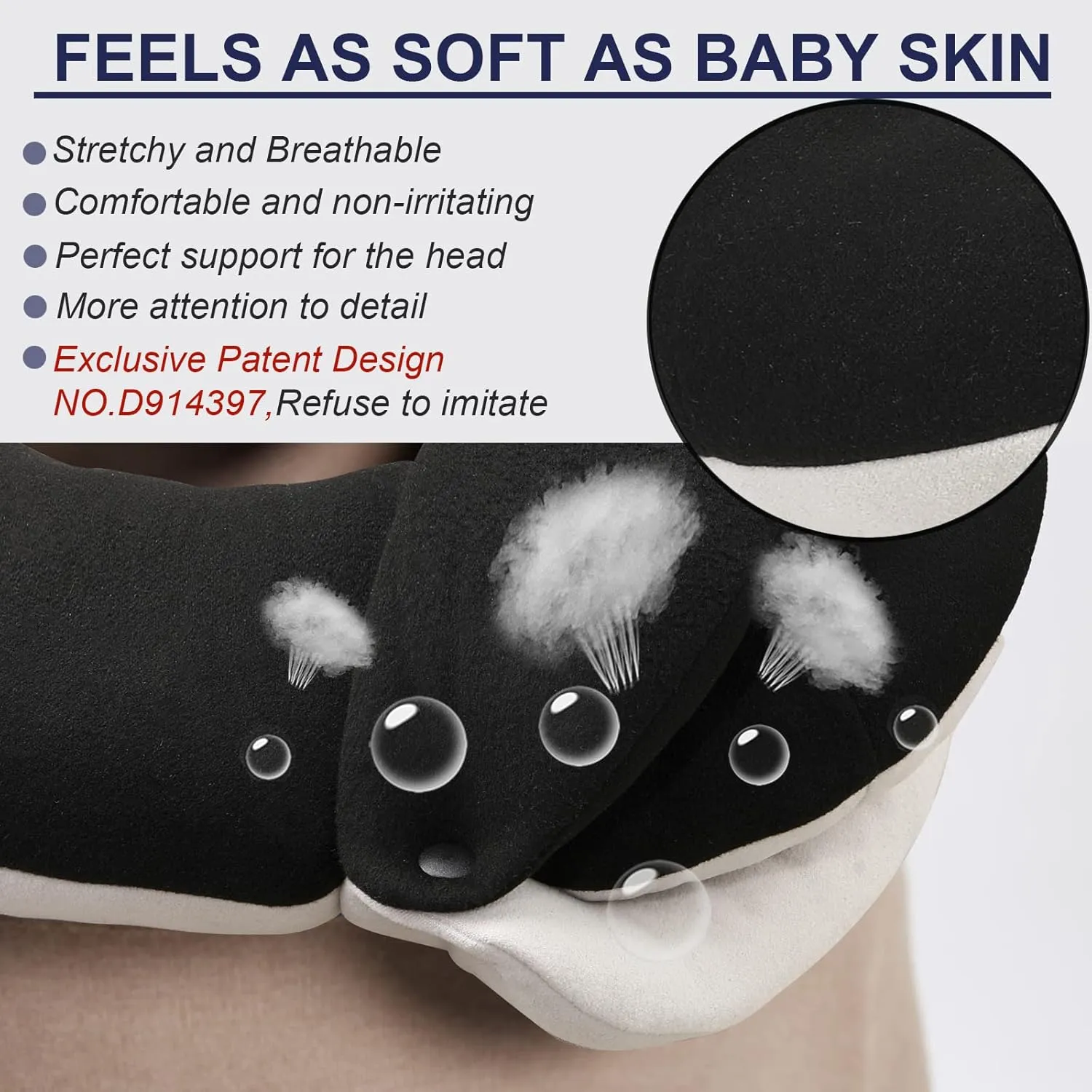 BUYUE Travel Neck Pillows for Airplanes, 360° Head Support Sleep for Long Flight, Skin-Friendly & Breathable, Kit with 3D Contoured Eye Mask, Earplugs and Storage Bag (Adult, Black, 90  lbs)