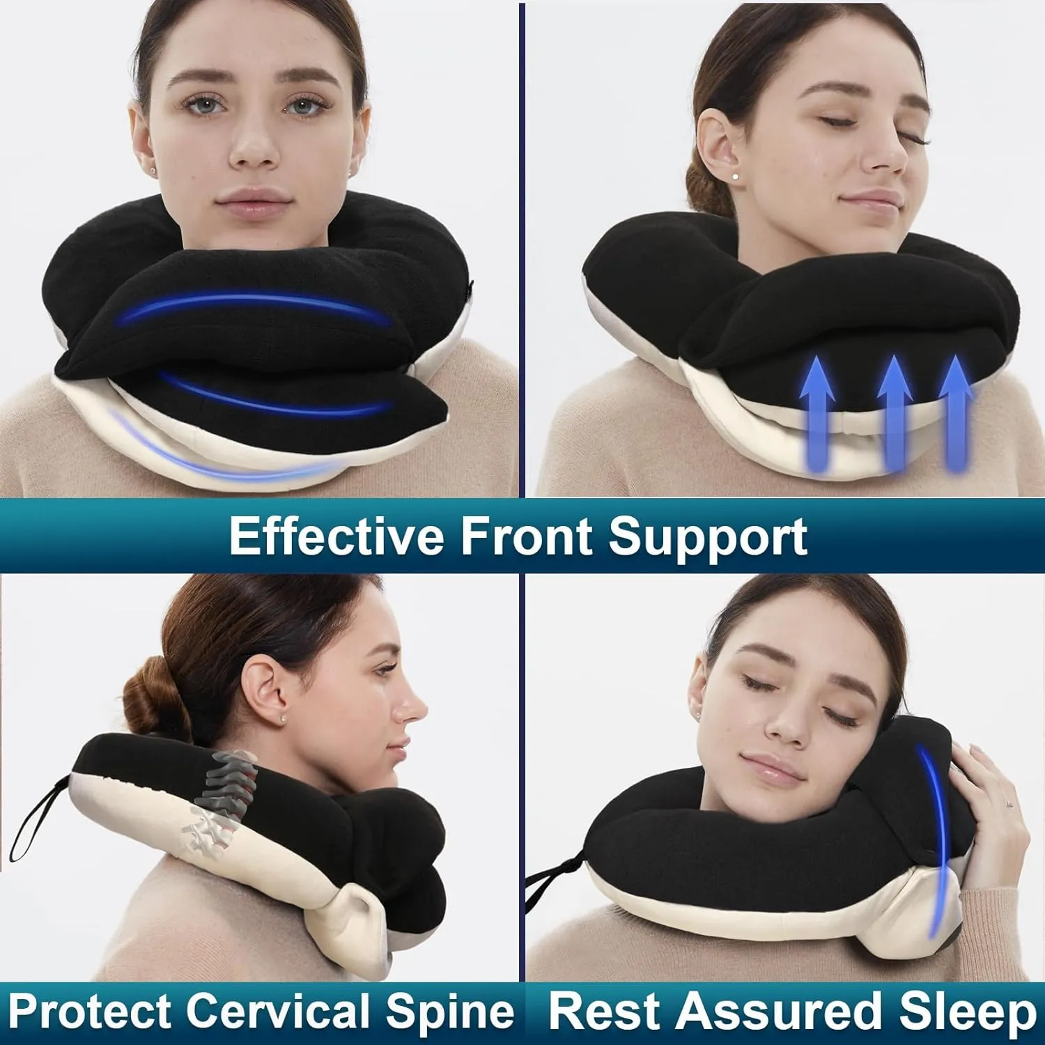BUYUE Travel Neck Pillows for Airplanes, 360° Head Support Sleep for Long Flight, Skin-Friendly & Breathable, Kit with 3D Contoured Eye Mask, Earplugs and Storage Bag (Adult, Black, 90  lbs)