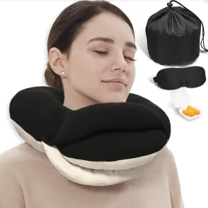 BUYUE Travel Neck Pillows for Airplanes, 360° Head Support Sleep for Long Flight, Skin-Friendly & Breathable, Kit with 3D Contoured Eye Mask, Earplugs and Storage Bag (Adult, Black, 90  lbs)
