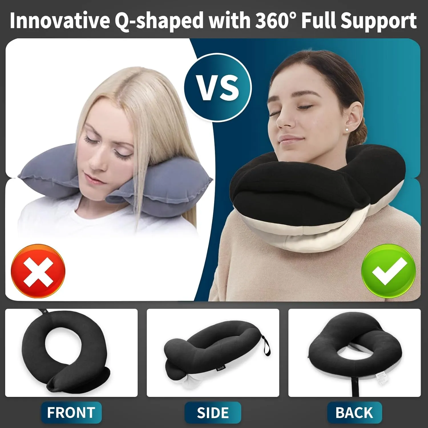 BUYUE Travel Neck Pillows for Airplanes, 360° Head Support Sleep for Long Flight, Skin-Friendly & Breathable, Kit with 3D Contoured Eye Mask, Earplugs and Storage Bag (Adult, Black, 90  lbs)