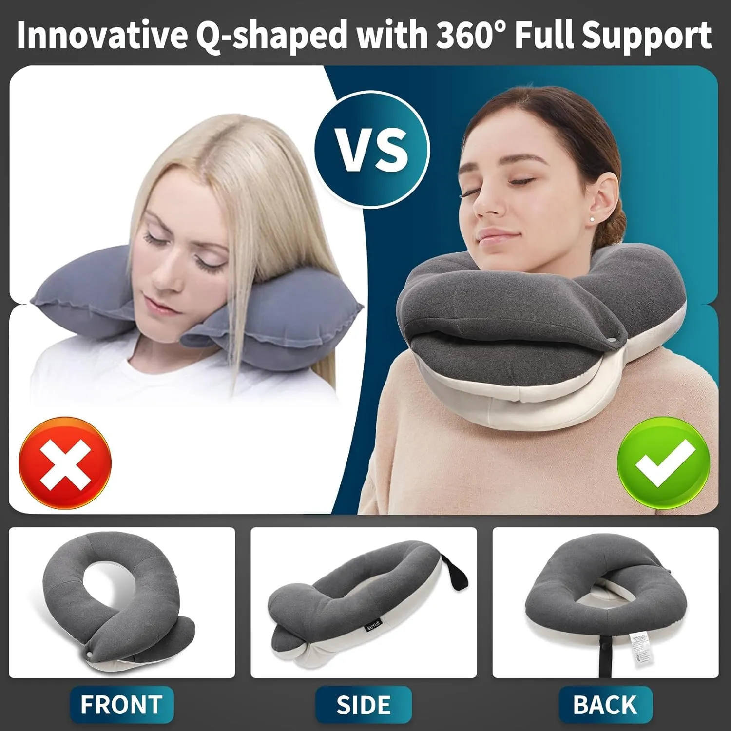 BUYUE Travel Neck Pillows for Airplanes, 360° Head Support Sleep for Long Flight, Skin-Friendly & Breathable, Kit with 3D Contoured Eye Mask, Earplugs and Storage Bag (Adult, Grey, 90  lbs)