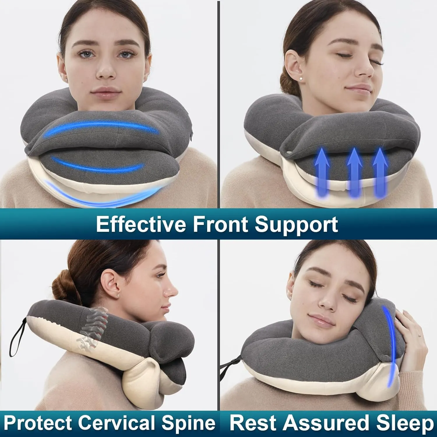 BUYUE Travel Neck Pillows for Airplanes, 360° Head Support Sleep for Long Flight, Skin-Friendly & Breathable, Kit with 3D Contoured Eye Mask, Earplugs and Storage Bag (Adult, Grey, 90  lbs)