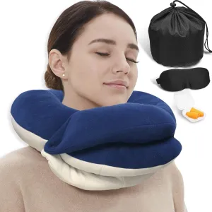 BUYUE Travel Neck Pillows for Airplanes, 360° Head Support Sleep for Long Flight, Skin-Friendly & Breathable, Kit with 3D Contoured Eye Mask, Earplugs and Storage Bag (Adult, Navy Blue, 90  lbs)