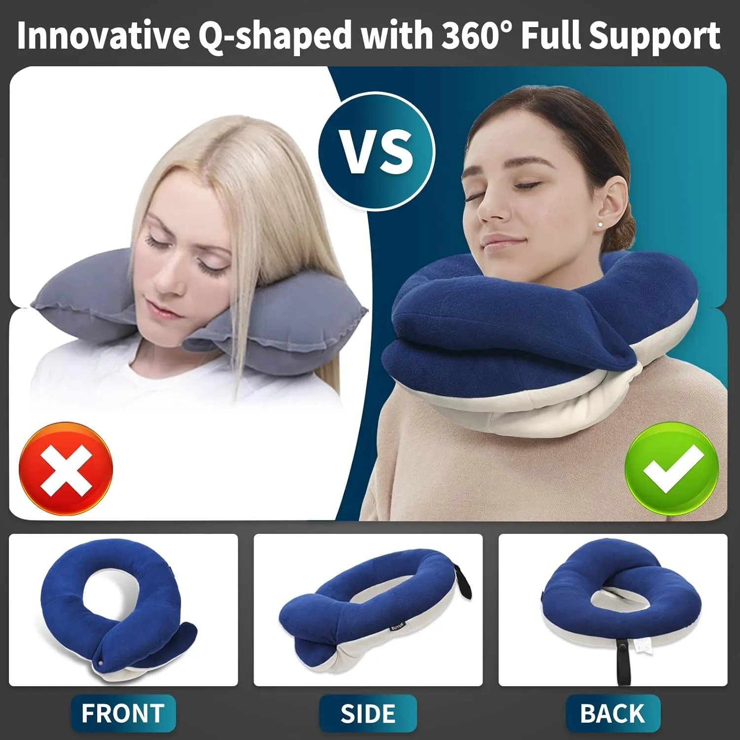 BUYUE Travel Neck Pillows for Airplanes, 360° Head Support Sleep for Long Flight, Skin-Friendly & Breathable, Kit with 3D Contoured Eye Mask, Earplugs and Storage Bag (Adult, Navy Blue, 90  lbs)
