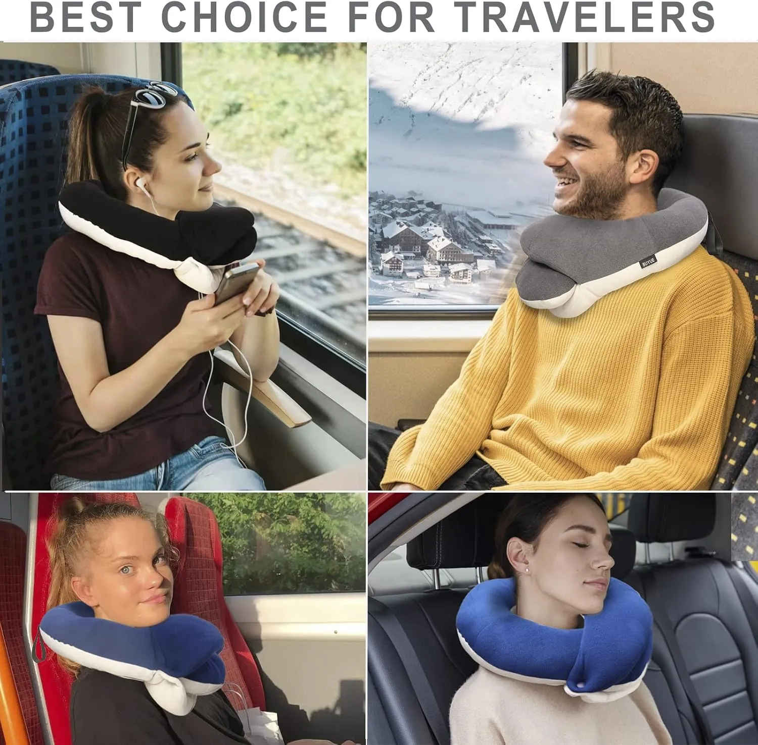 BUYUE Travel Neck Pillows for Airplanes, 360° Head Support Sleep for Long Flight, Skin-Friendly & Breathable, Kit with 3D Contoured Eye Mask, Earplugs and Storage Bag (Adult, Navy Blue, 90  lbs)
