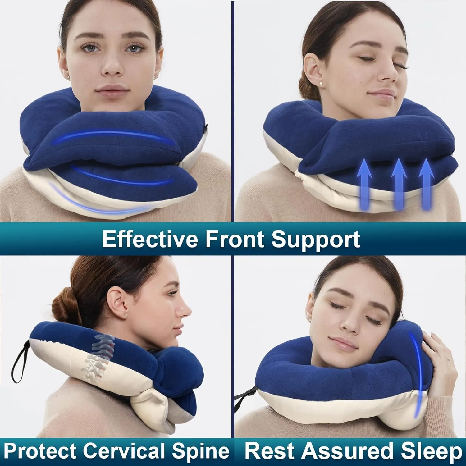 BUYUE Travel Neck Pillows for Airplanes, 360° Head Support Sleep for Long Flight, Skin-Friendly & Breathable, Kit with 3D Contoured Eye Mask, Earplugs and Storage Bag (Adult, Navy Blue, 90  lbs)