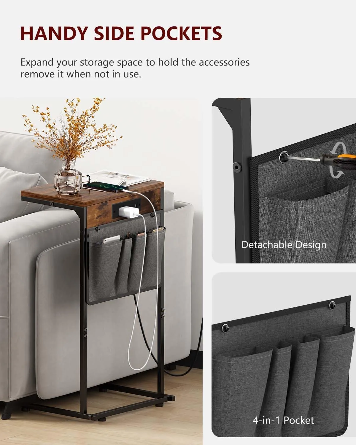 C Shaped End Table with Charging Station, Small Side Table with Storage Bag for Couch and Recliner, Slide Under Sofa Tray for Living Room, Bedroom, Rustic Brown