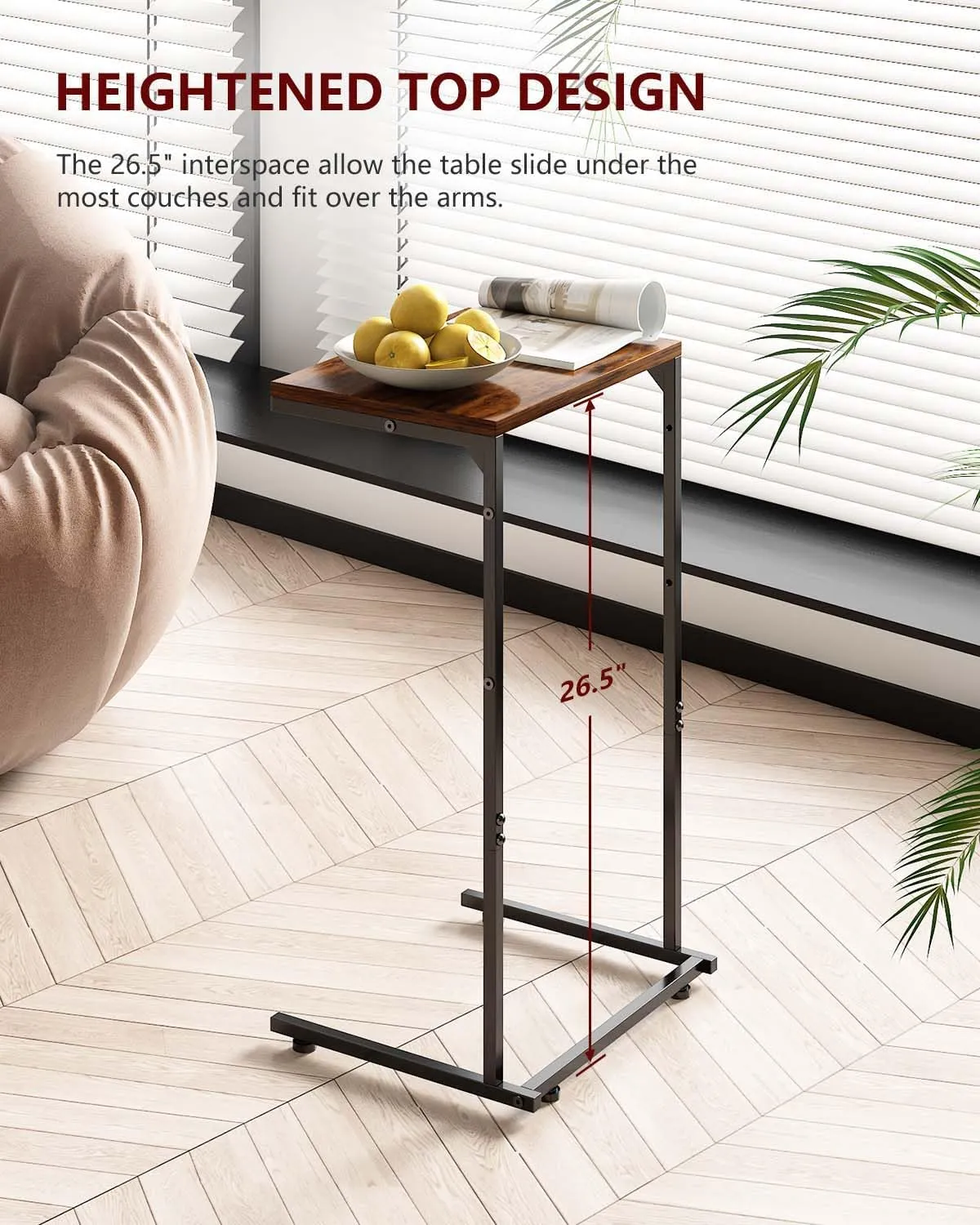C Shaped End Table with Charging Station, Small Side Table with Storage Bag for Couch and Recliner, Slide Under Sofa Tray for Living Room, Bedroom, Rustic Brown