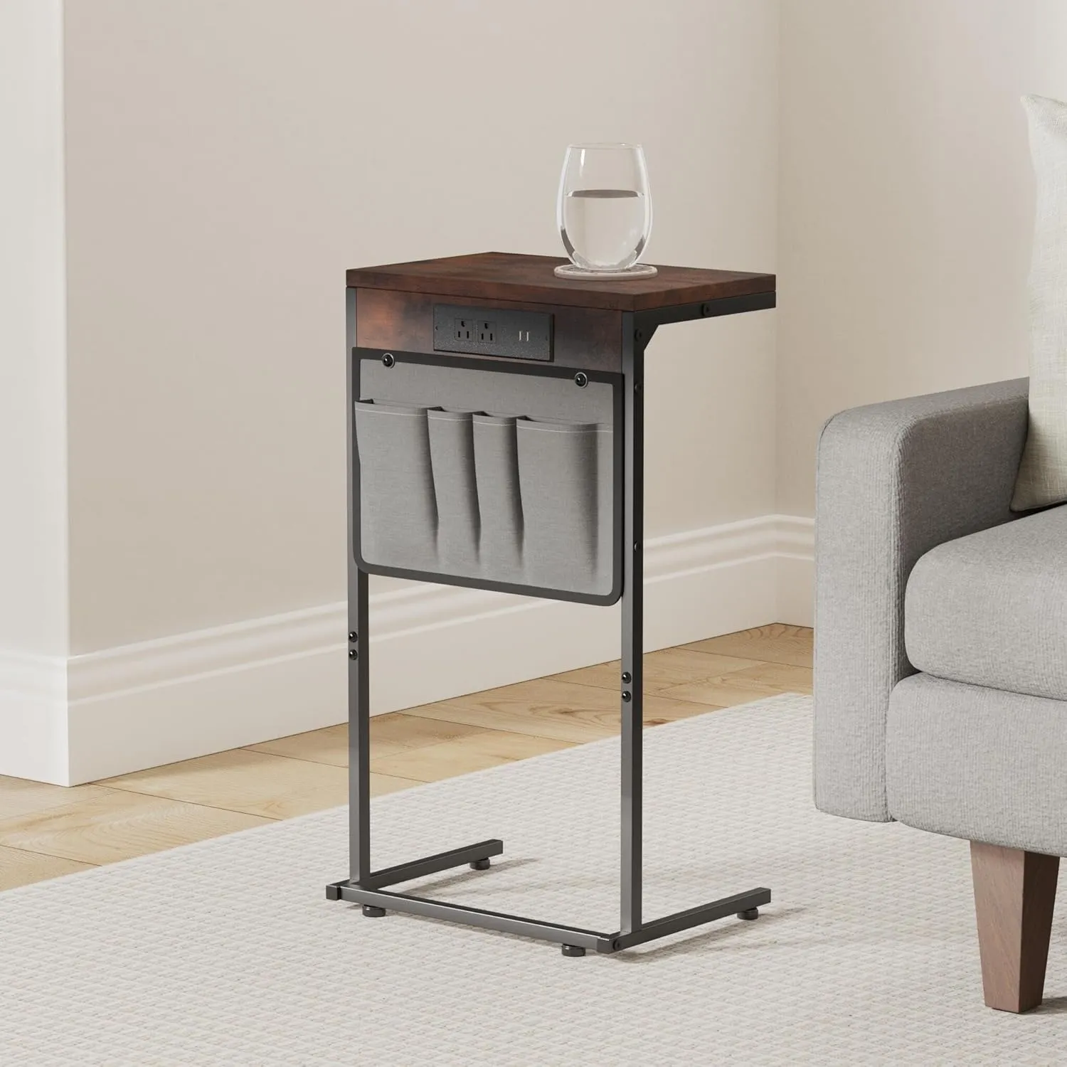 C Shaped End Table with Charging Station, Small Side Table with Storage Bag for Couch and Recliner, Slide Under Sofa Tray for Living Room, Bedroom, Rustic Brown