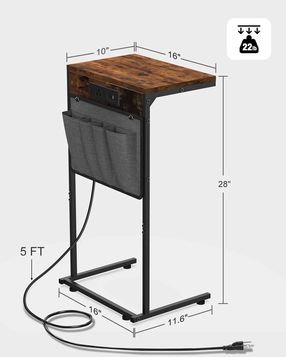 C Shaped End Table with Charging Station, Small Side Table with Storage Bag for Couch and Recliner, Slide Under Sofa Tray for Living Room, Bedroom, Rustic Brown