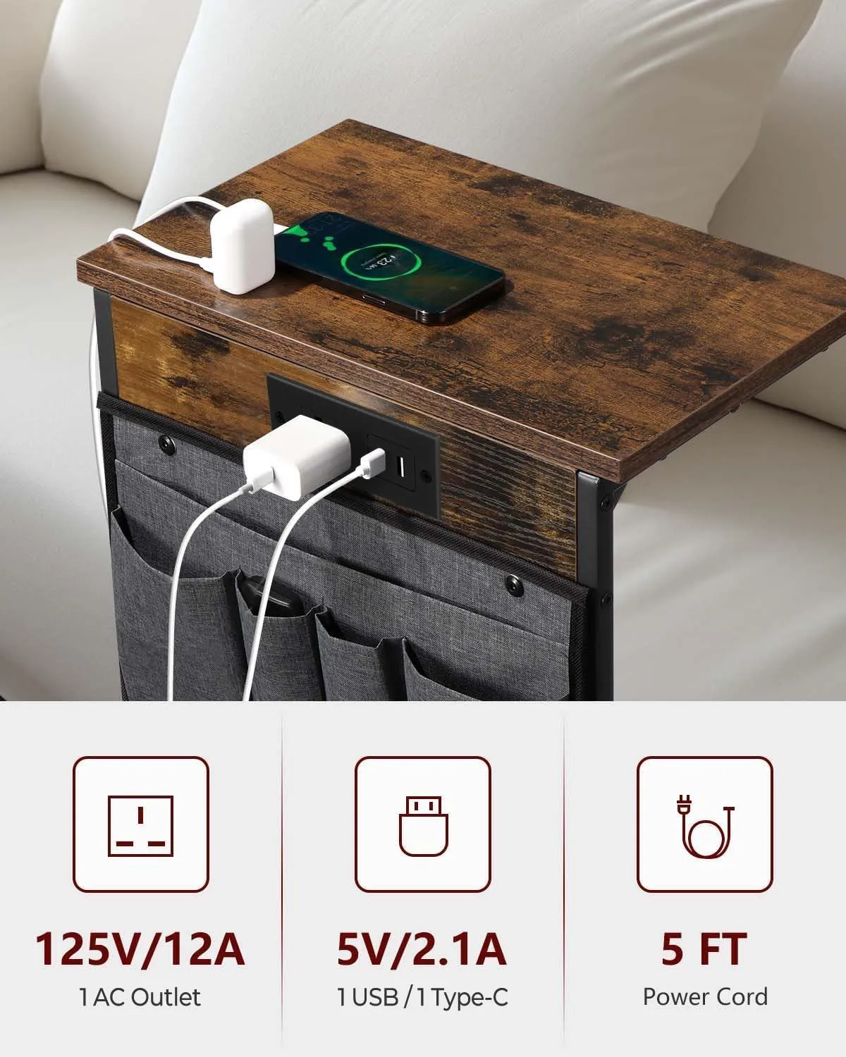 C Shaped End Table with Charging Station, Small Side Table with Storage Bag for Couch and Recliner, Slide Under Sofa Tray for Living Room, Bedroom, Rustic Brown
