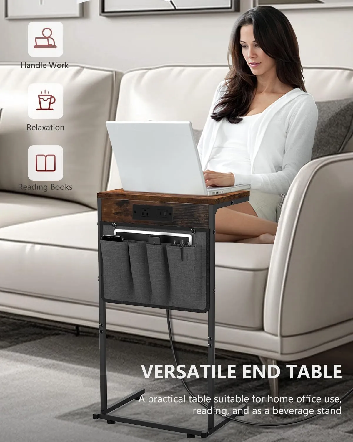 C Shaped End Table with Charging Station, Small Side Table with Storage Bag for Couch and Recliner, Slide Under Sofa Tray for Living Room, Bedroom, Rustic Brown