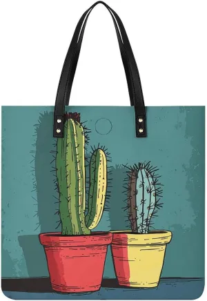 Cactus in Jar Handbag Leather Tote Shoulder Bag Satchel Handbag with Top Handles Large Casual Handbags with Shoulder Work Bag for Women Travel Purse Dating Gift