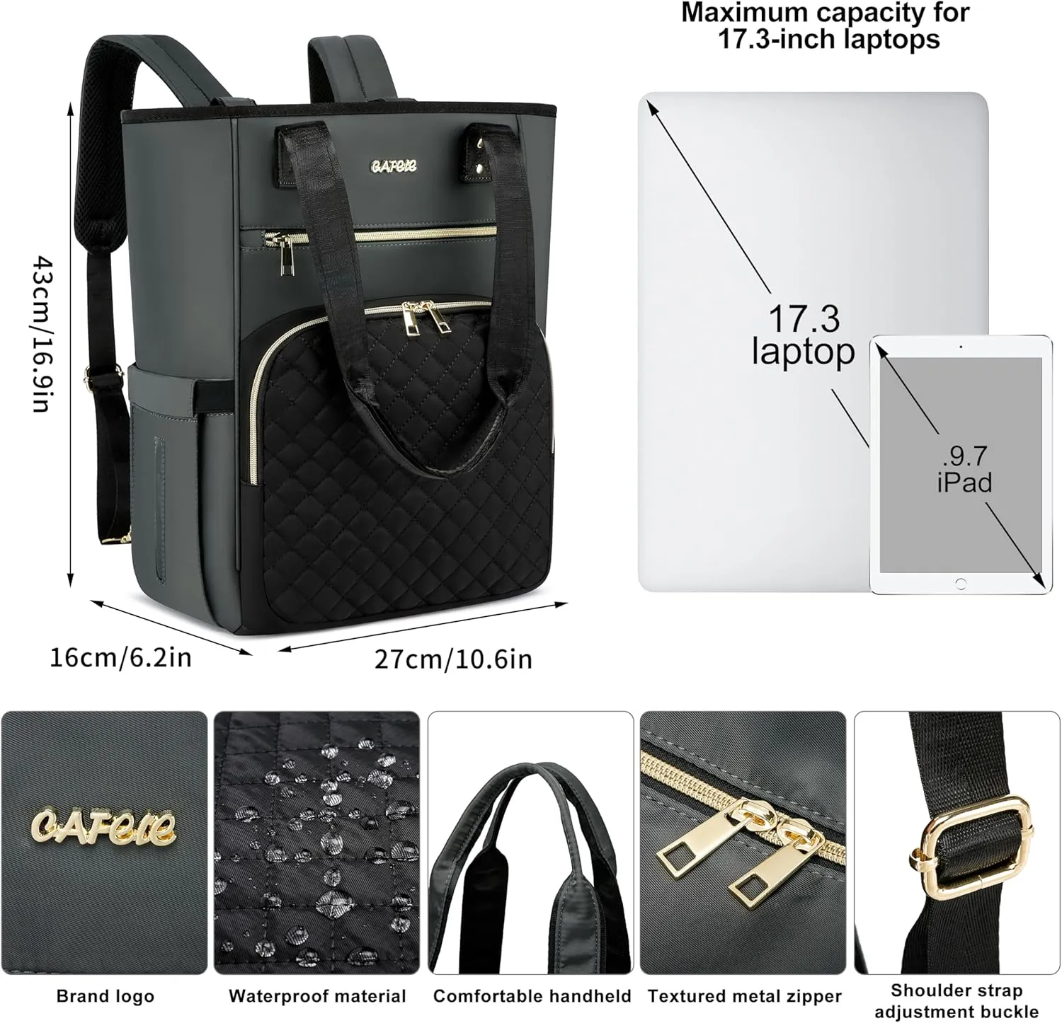 CAFELE Laptop Backpack for Women, 17 Inch Work Laptop Bag Teacher Nurse Backpack, Wide Open Travel Backpack Purse Convertible Business Computer Tote Quilted Grye Daypack with USB Port(2322H-03)