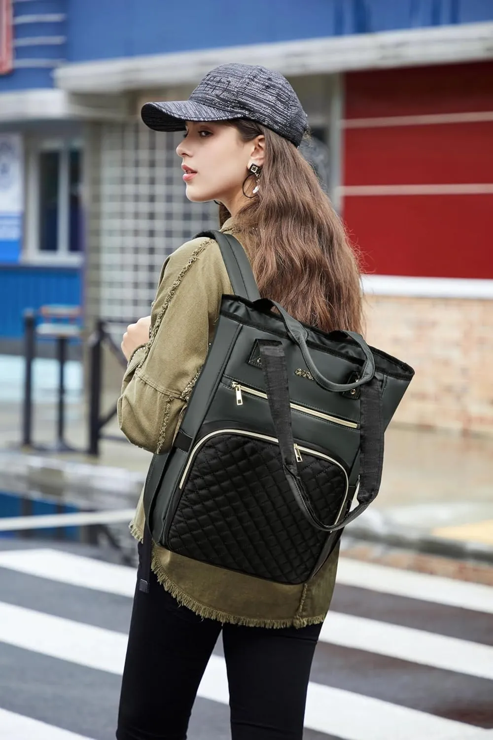 CAFELE Laptop Backpack for Women, 17 Inch Work Laptop Bag Teacher Nurse Backpack, Wide Open Travel Backpack Purse Convertible Business Computer Tote Quilted Grye Daypack with USB Port(2322H-03)