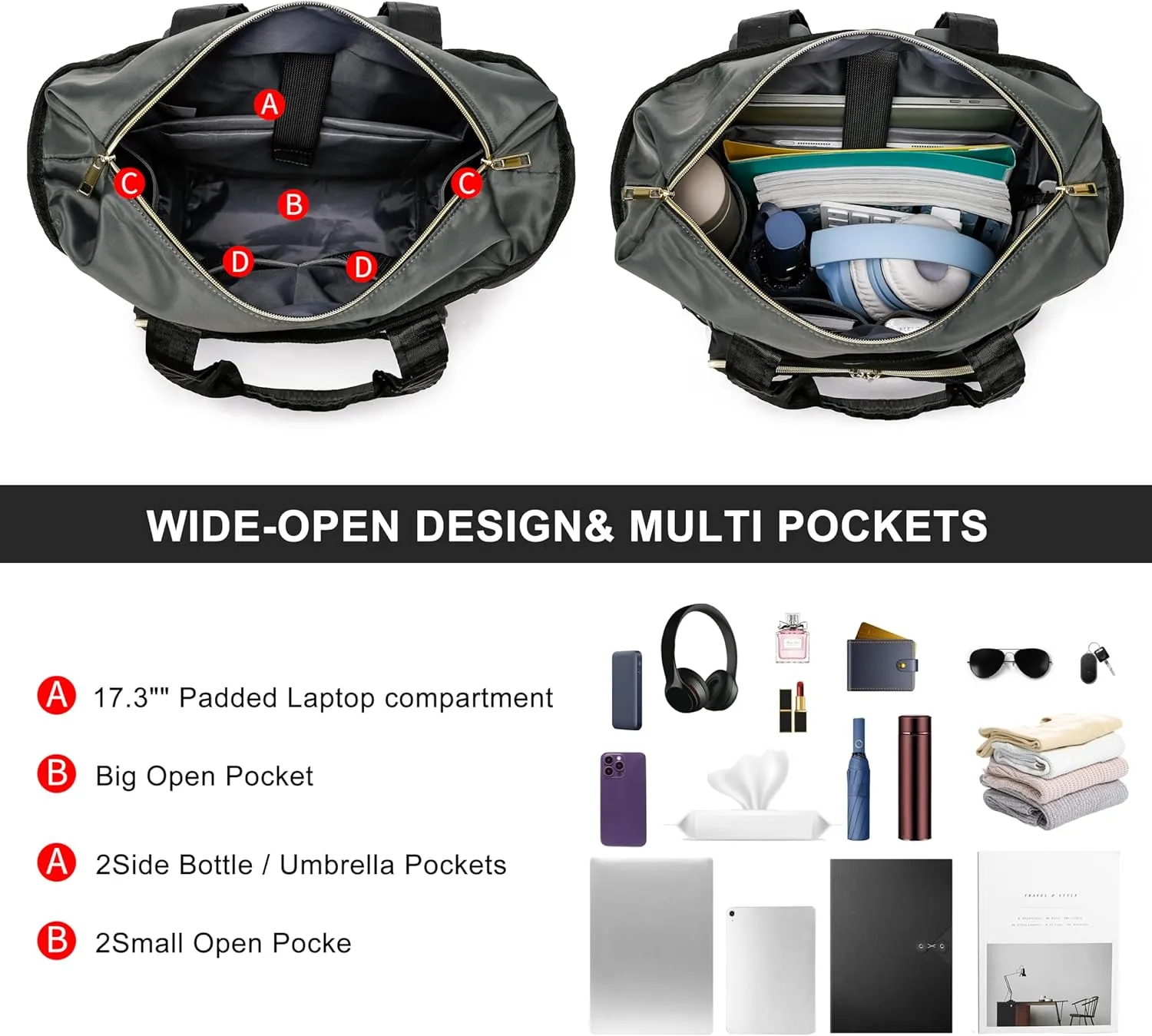 CAFELE Laptop Backpack for Women, 17 Inch Work Laptop Bag Teacher Nurse Backpack, Wide Open Travel Backpack Purse Convertible Business Computer Tote Quilted Grye Daypack with USB Port(2322H-03)