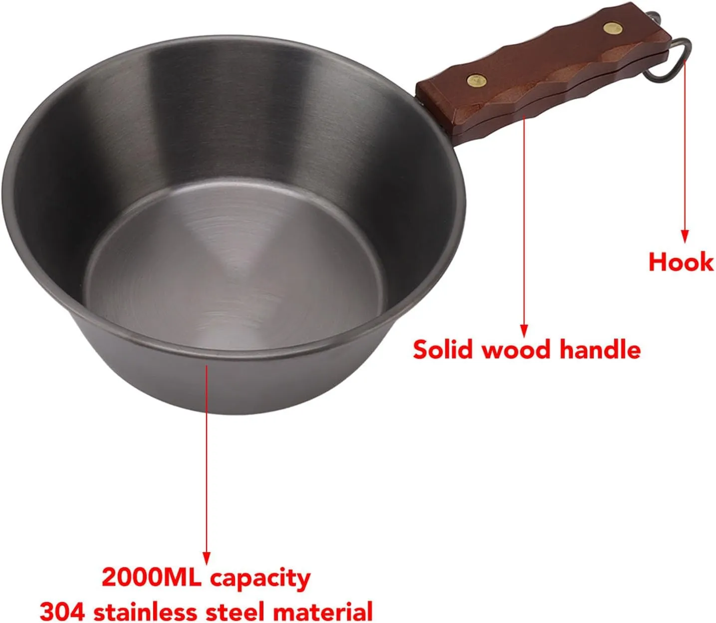 Camping Frying Pan, 2000ML Stainless Steel Grilling Pan with Wood Handle Portable Skillet for Camping Indoor Outdoor Cooking (Black)
