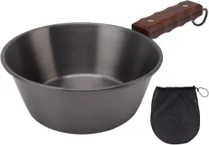 Camping Frying Pan, 2000ML Stainless Steel Grilling Pan with Wood Handle Portable Skillet for Camping Indoor Outdoor Cooking (Black)