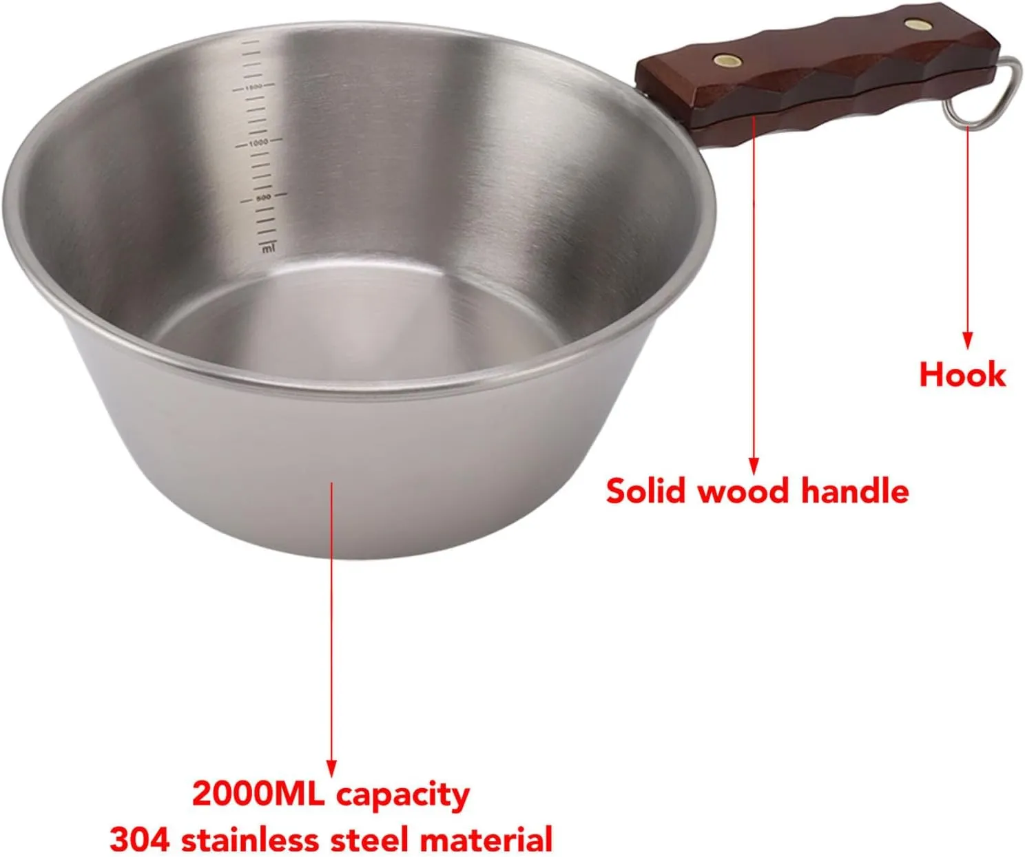 Camping Frying Pan, 2000ML Stainless Steel Grilling Pan with Wood Handle Portable Skillet for Camping Indoor Outdoor Cooking (Silver)