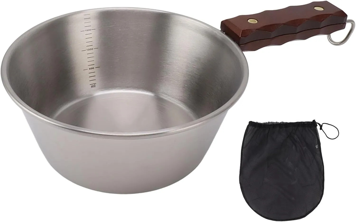 Camping Frying Pan, 2000ML Stainless Steel Grilling Pan with Wood Handle Portable Skillet for Camping Indoor Outdoor Cooking (Silver)