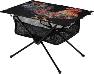 Camping Table Lightweight Portable Folding Table with Mesh Storage Net Rooster Chicken Black Ideal for Camping Hiking Beach Picnic Travel Backyard