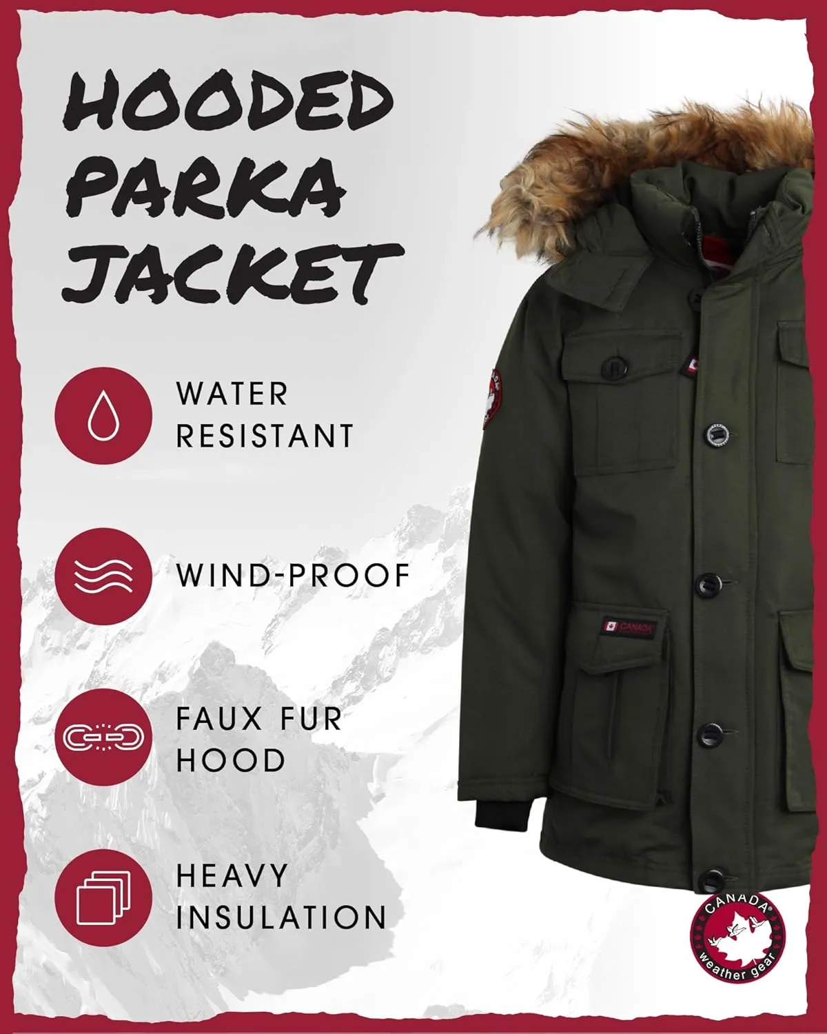 CANADA WEATHER GEAR Boys' Winter Jacket - Heavyweight Water and Wind Resistant Hooded Parka Ski Jacket for Boys (Sizes: 5-20)