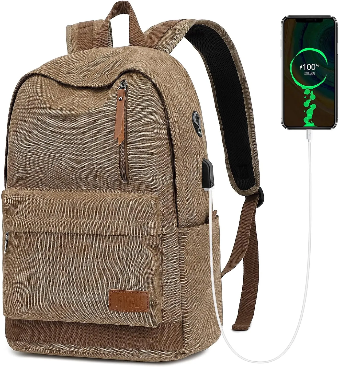 Canvas Laptop Backpack, Waterproof School Backpack With USB Charging College