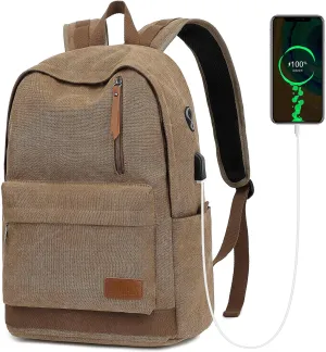 Canvas Laptop Backpack, Waterproof School Backpack With USB Charging College