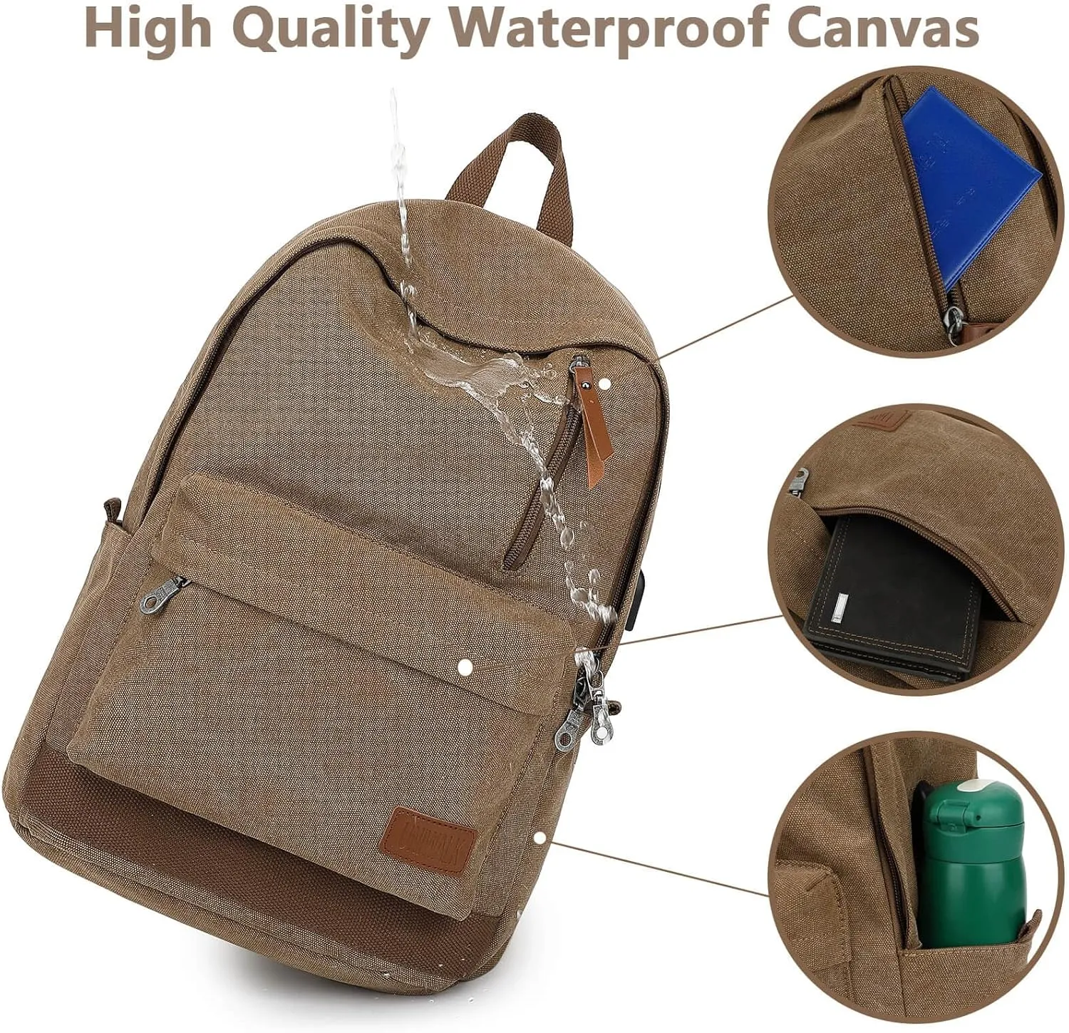 Canvas Laptop Backpack, Waterproof School Backpack With USB Charging College