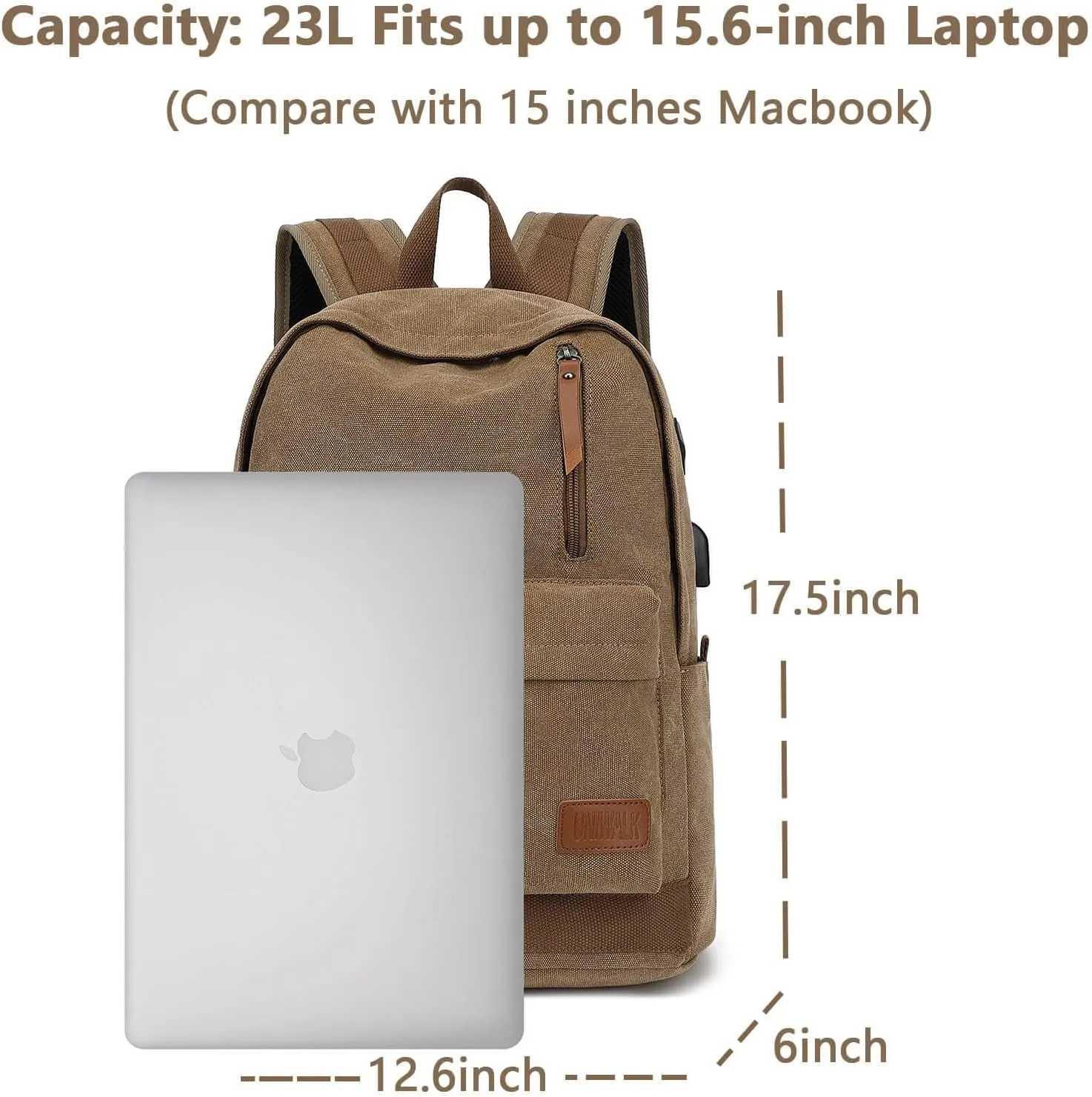 Canvas Laptop Backpack, Waterproof School Backpack With USB Charging College