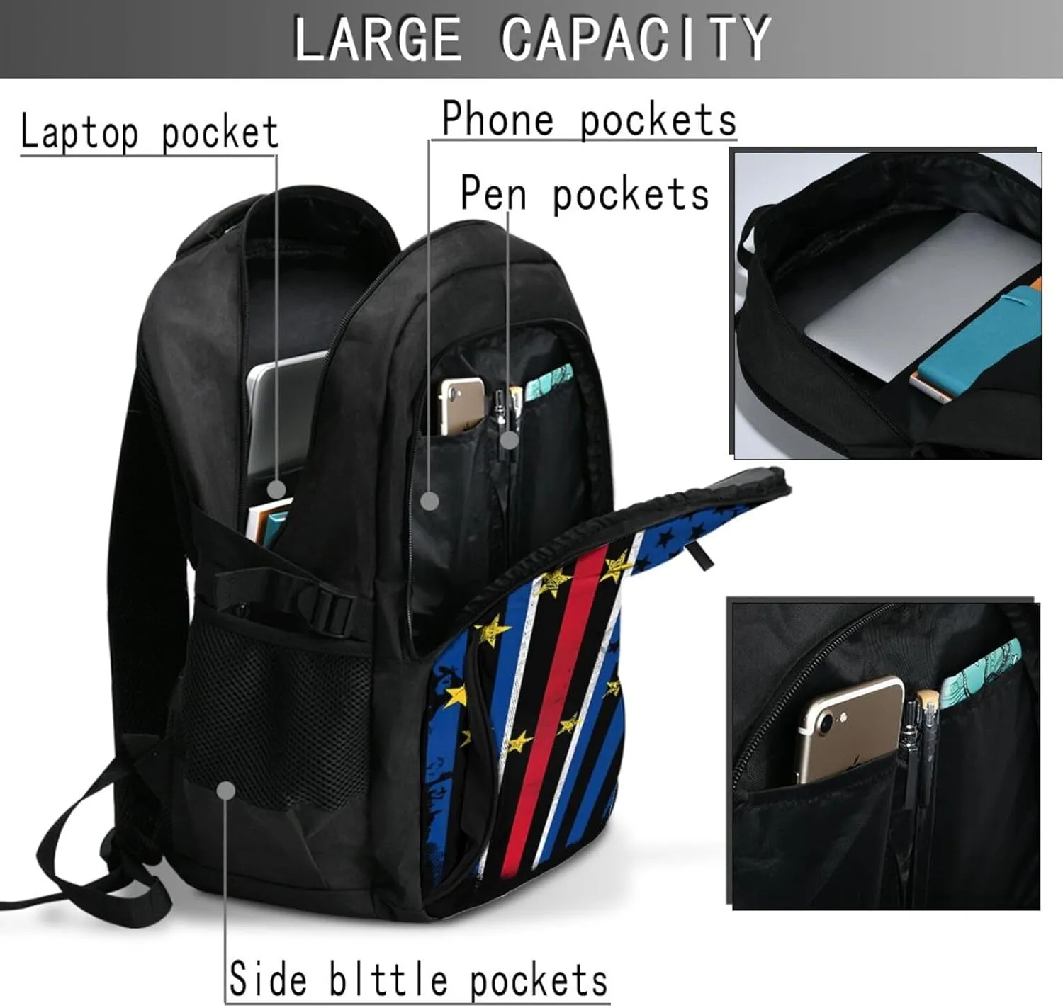 Cape Verdean American Flag Cabo Verde Travel Backpack Laptop Backpacks Business Rucksack Outdoor Daypack Large Sport Bag with Luggage Strap USB Charging Port for Hiking Working