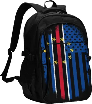 Cape Verdean American Flag Cabo Verde Travel Backpack Laptop Backpacks Business Rucksack Outdoor Daypack Large Sport Bag with Luggage Strap USB Charging Port for Hiking Working