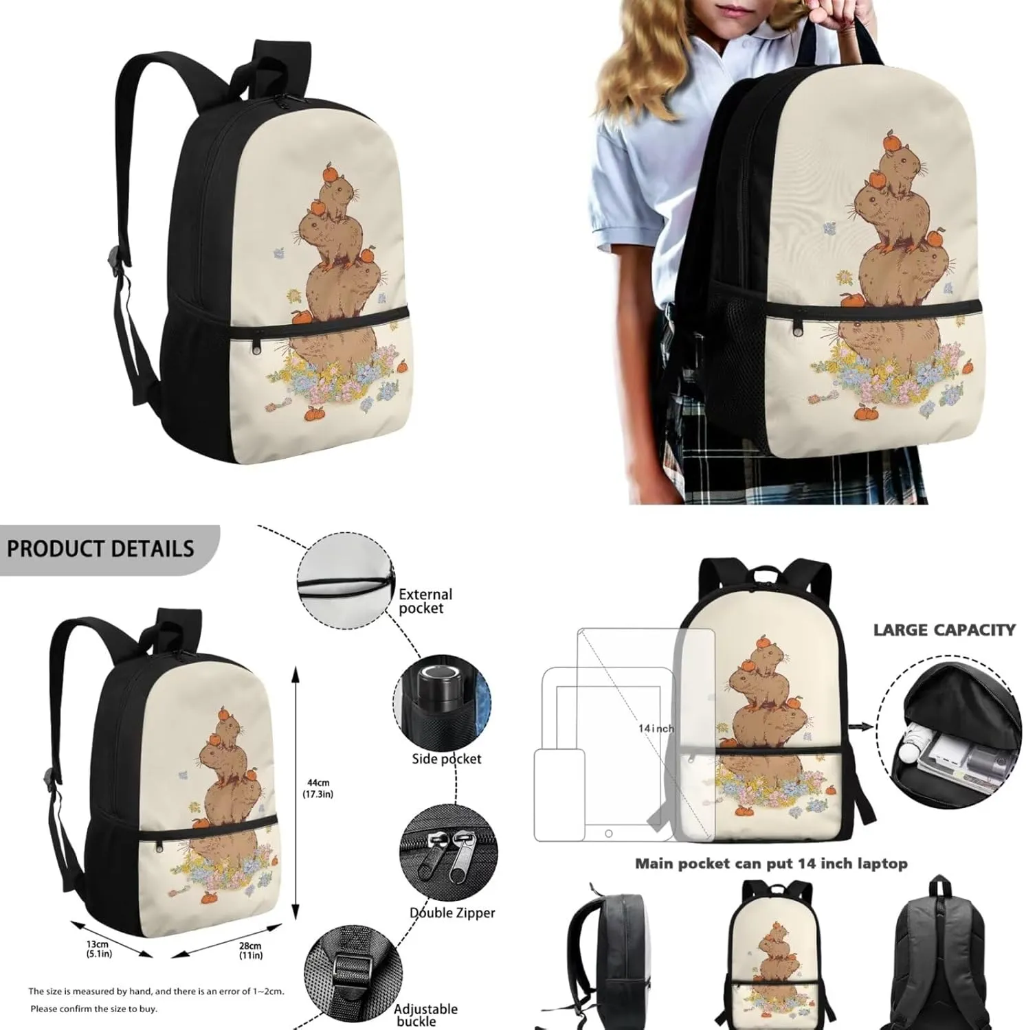 Capybara Girls Backpacks for Elementary School Cute Bookbag for Kids School Bag with Lunch Box Pencil Case Bottle Sleeve Lightweight Travel Daypack for Girls Backpack 10-12 Years Old