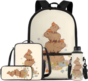Capybara Girls Backpacks for Elementary School Cute Bookbag for Kids School Bag with Lunch Box Pencil Case Bottle Sleeve Lightweight Travel Daypack for Girls Backpack 10-12 Years Old