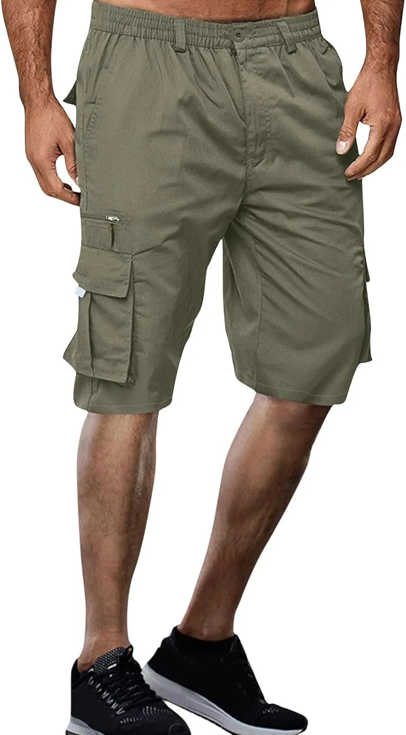 Cargo Shorts for Men Knee Length Big and Tall Bermuda Shorts Casual Summer Elastic Waist Hiking Short Pants Pockets