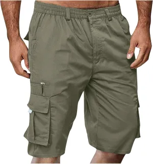 Cargo Shorts for Men Knee Length Big and Tall Bermuda Shorts Casual Summer Elastic Waist Hiking Short Pants Pockets