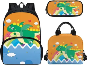 Cartoon Dinosaur Backpack for Kids, Boys Girls Preschool Backpack with Lunch Box Pen Pencil Case with Zipper Toddler Kindergarten School Bookbag Set 3 in 1