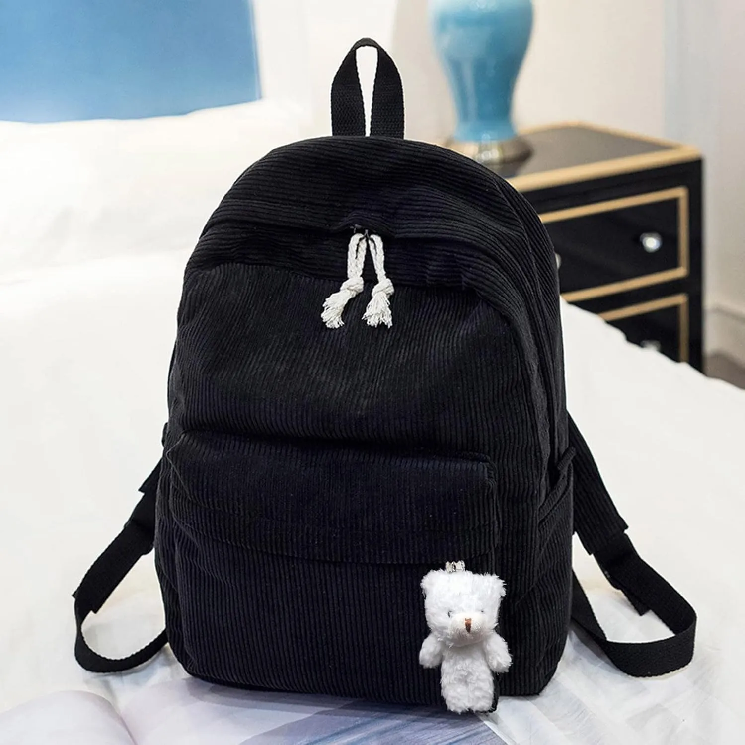 Casual Shoulder Corduroy Backpack Student Fashion Bag Womens Bag Youth Simple Hiking Backpack for Men (Black, One Size)