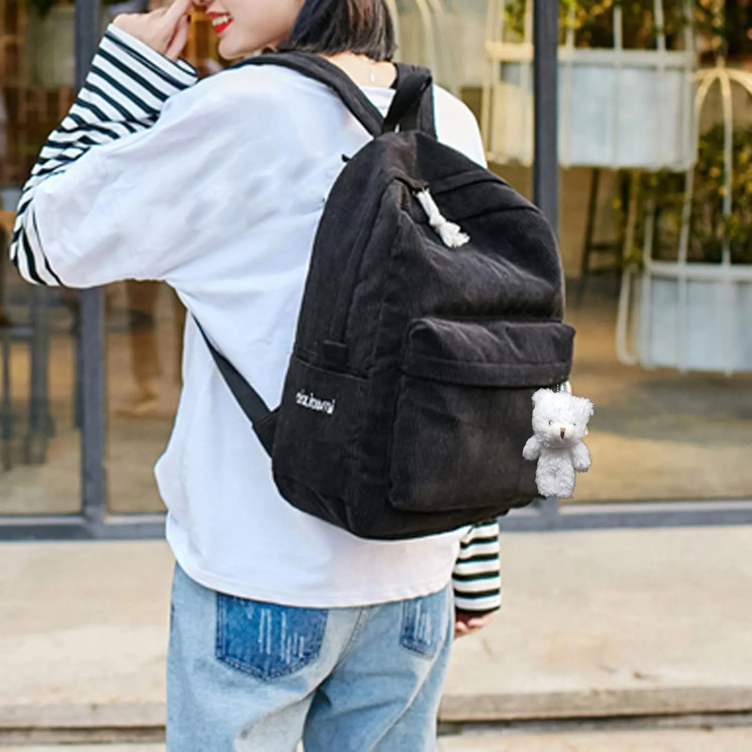 Casual Shoulder Corduroy Backpack Student Fashion Bag Womens Bag Youth Simple Hiking Backpack for Men (Black, One Size)