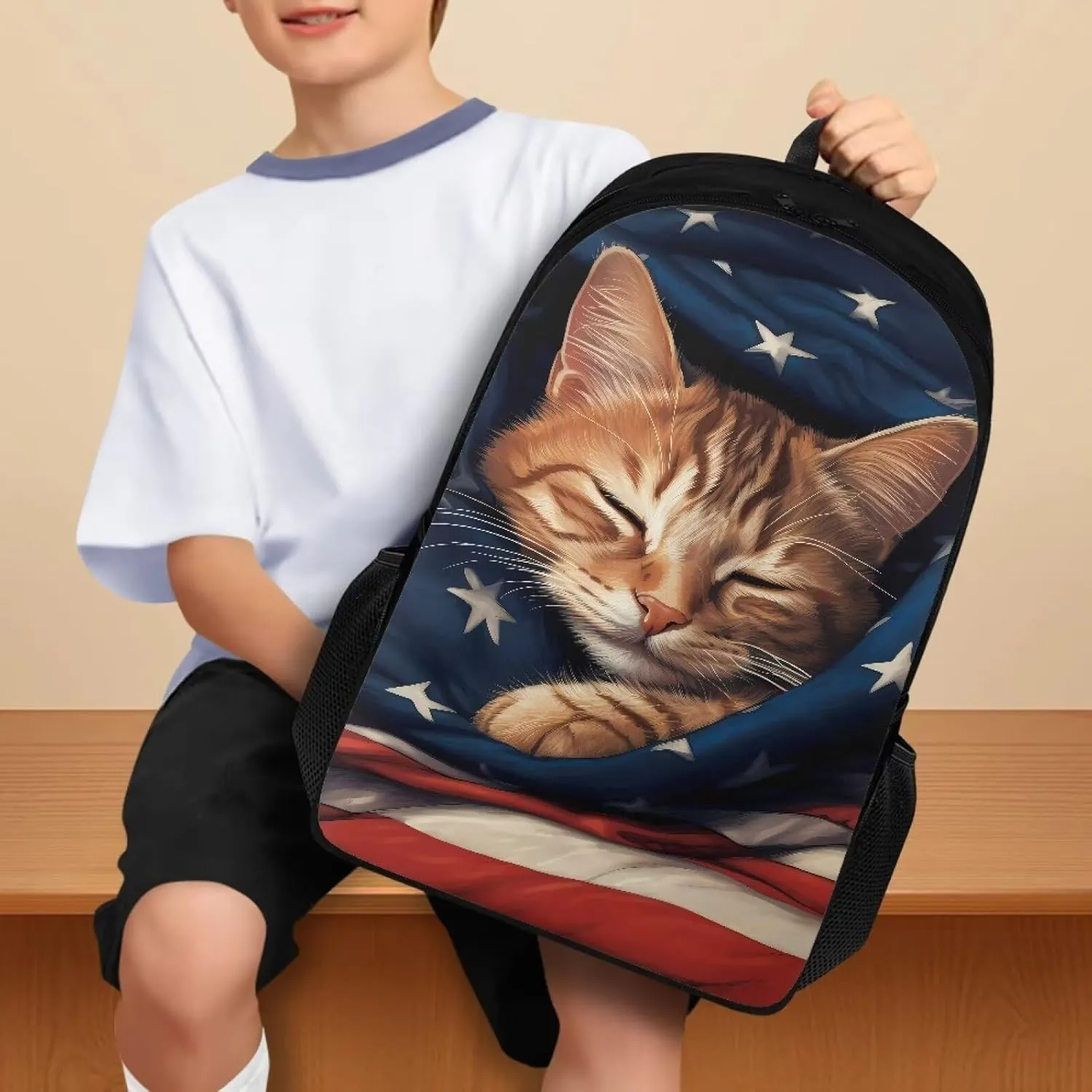 Cat American Flag Print Kids School Backpack for Boys Girls Kindergarten Middle School Backpacks Teens Casual Travel Daypack Junior School Student Backpack Rucksack