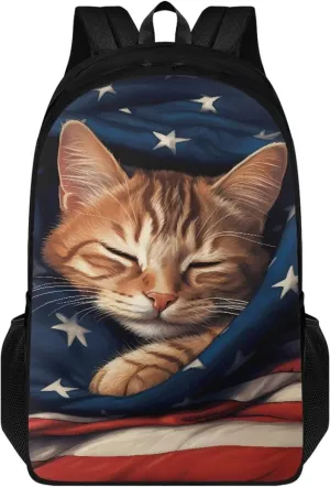Cat American Flag Print Kids School Backpack for Boys Girls Kindergarten Middle School Backpacks Teens Casual Travel Daypack Junior School Student Backpack Rucksack