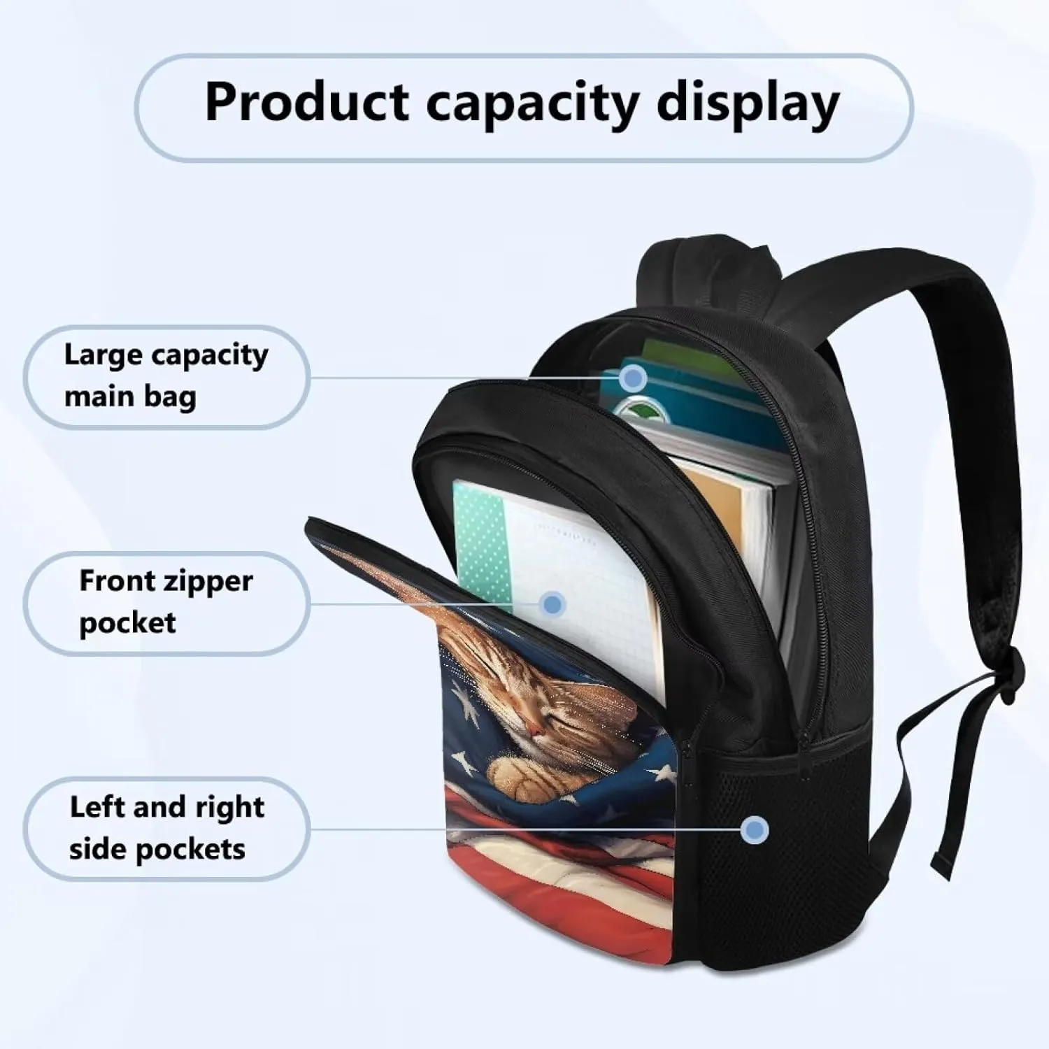 Cat American Flag Print Kids School Backpack for Boys Girls Kindergarten Middle School Backpacks Teens Casual Travel Daypack Junior School Student Backpack Rucksack