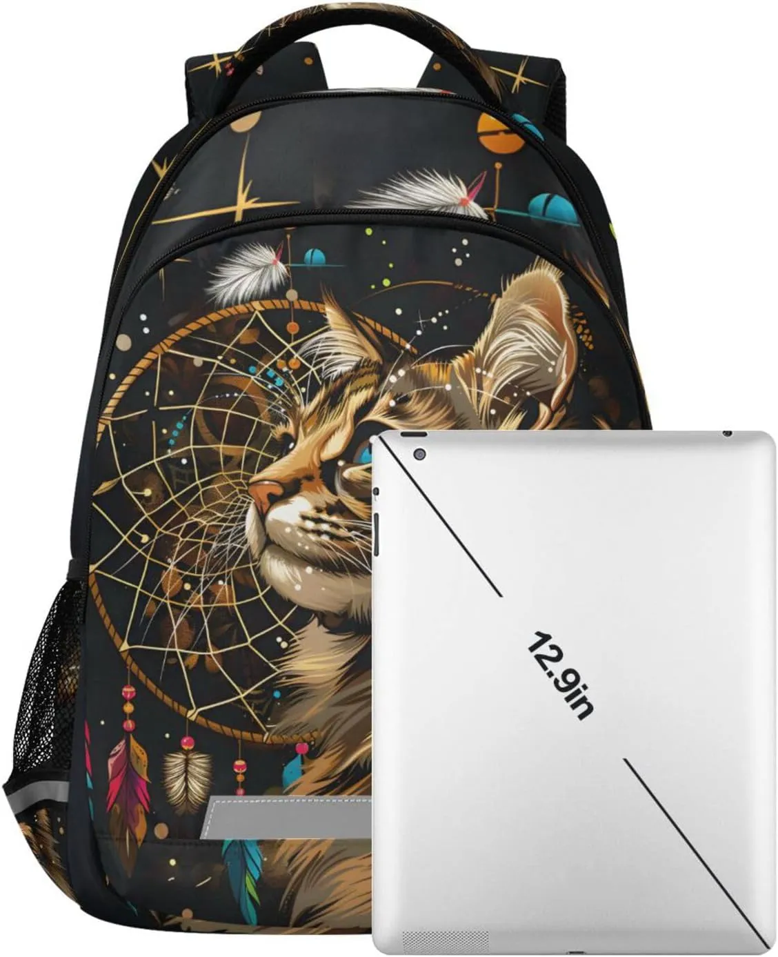 Cat Backpack for Students Boys Girls Boho Cat Dreamcatcher School Bag Travel Daypack Rucksack