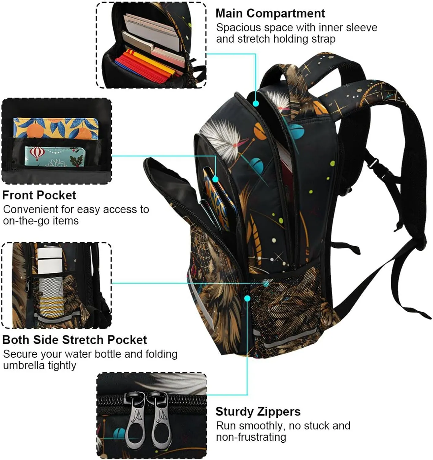 Cat Backpack for Students Boys Girls Boho Cat Dreamcatcher School Bag Travel Daypack Rucksack