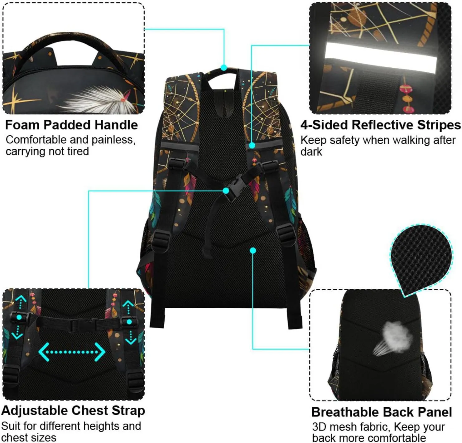 Cat Backpack for Students Boys Girls Boho Cat Dreamcatcher School Bag Travel Daypack Rucksack