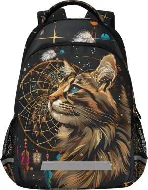 Cat Backpack for Students Boys Girls Boho Cat Dreamcatcher School Bag Travel Daypack Rucksack